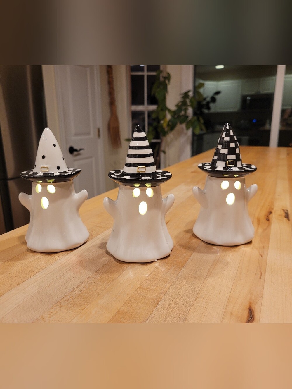 NEW Becki Owens Ceramic Halloween Ghost Trio with Black & White Witch Hats